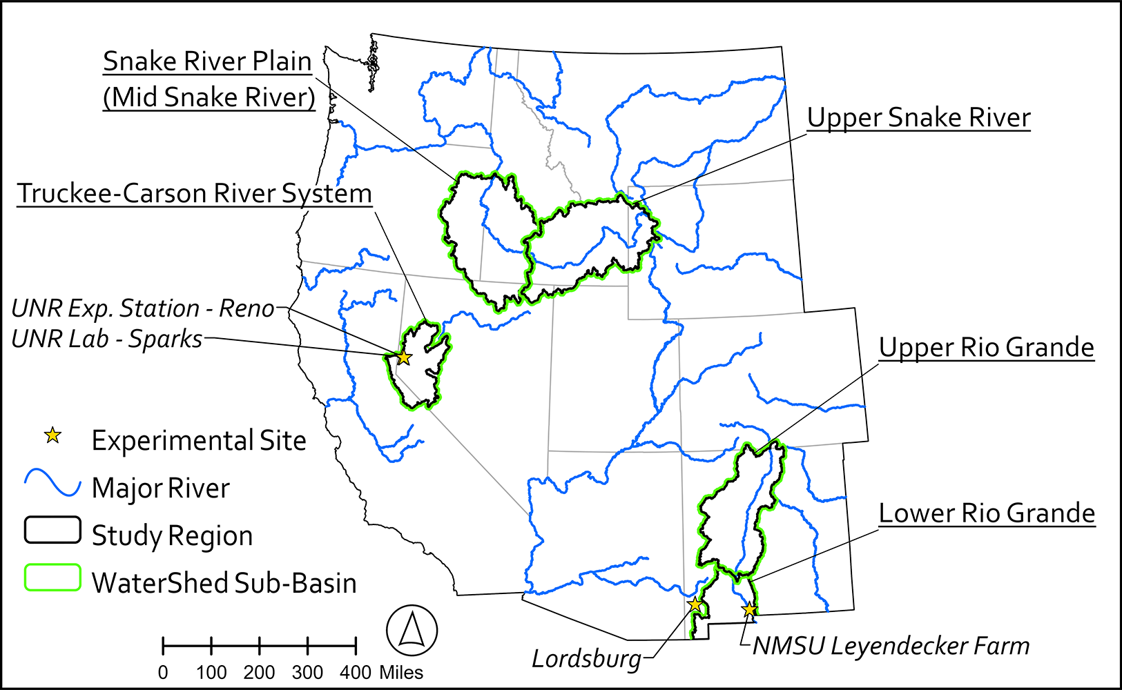 Map showing major rivers, study regions, watershed sub-basins, and Experimental sites across the western United States