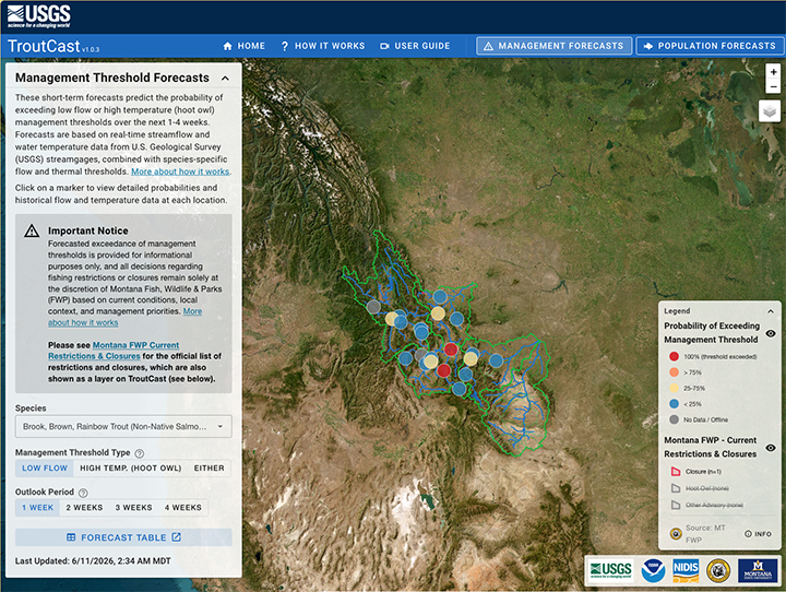 screenshot of the online app with the forecast for drought impacts on trout fisheries